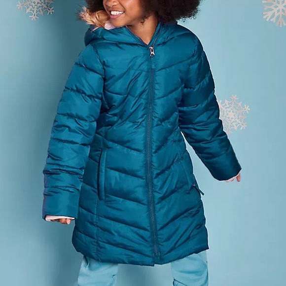 Lands’ End Girls Teal Plush-lined Quilted Coat with Faux Fur Trim; NWOT size L